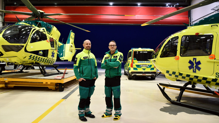 Två ambulanssjukvårdare som står framför en helikopter.