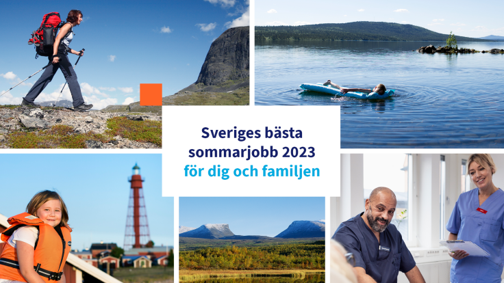 Vykort med naturbilder och vårdpersonal och texten "Sveriges bästa sommarjobb 2023 för dig och familjen".